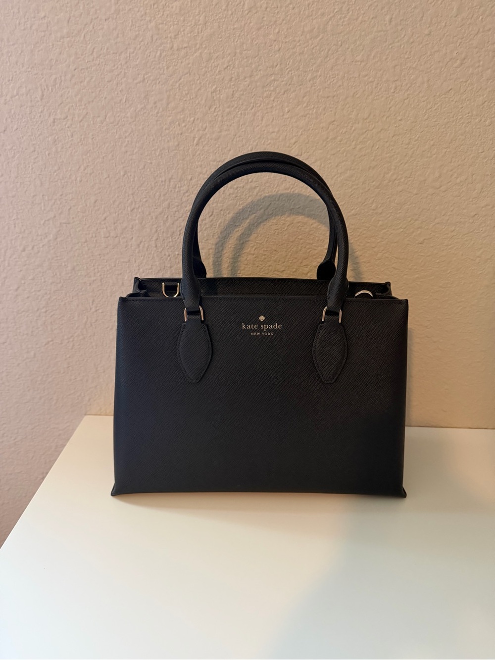 kate spade black structured leather satchel with top handles